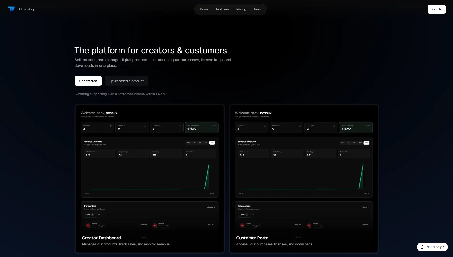 Screenshot of Tella Licensing Landing Page with options to head to user portal or store